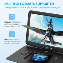 Load image into Gallery viewer, 17.9" Portable DVD Player for Kids and Car with 15.6" Swivel Screen, 6 Hours Working Time, Car DVD Player with Dual Speakers,Remote Control,Support Sync TV,Region Free USB/SD/AV/Multiple Disc Formats