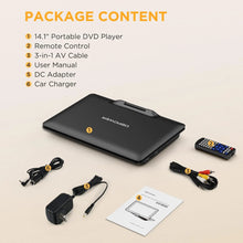 Load image into Gallery viewer, Portable DVD Player, TV DVD Player with 14.1&quot; Swivel HD Screen for Car and Kids, 5-6 Hours Working Time with Built-in Battery, Dual Stereo Speakers, Memory Card Reading, Support CD/DVD/SD Card/USB
