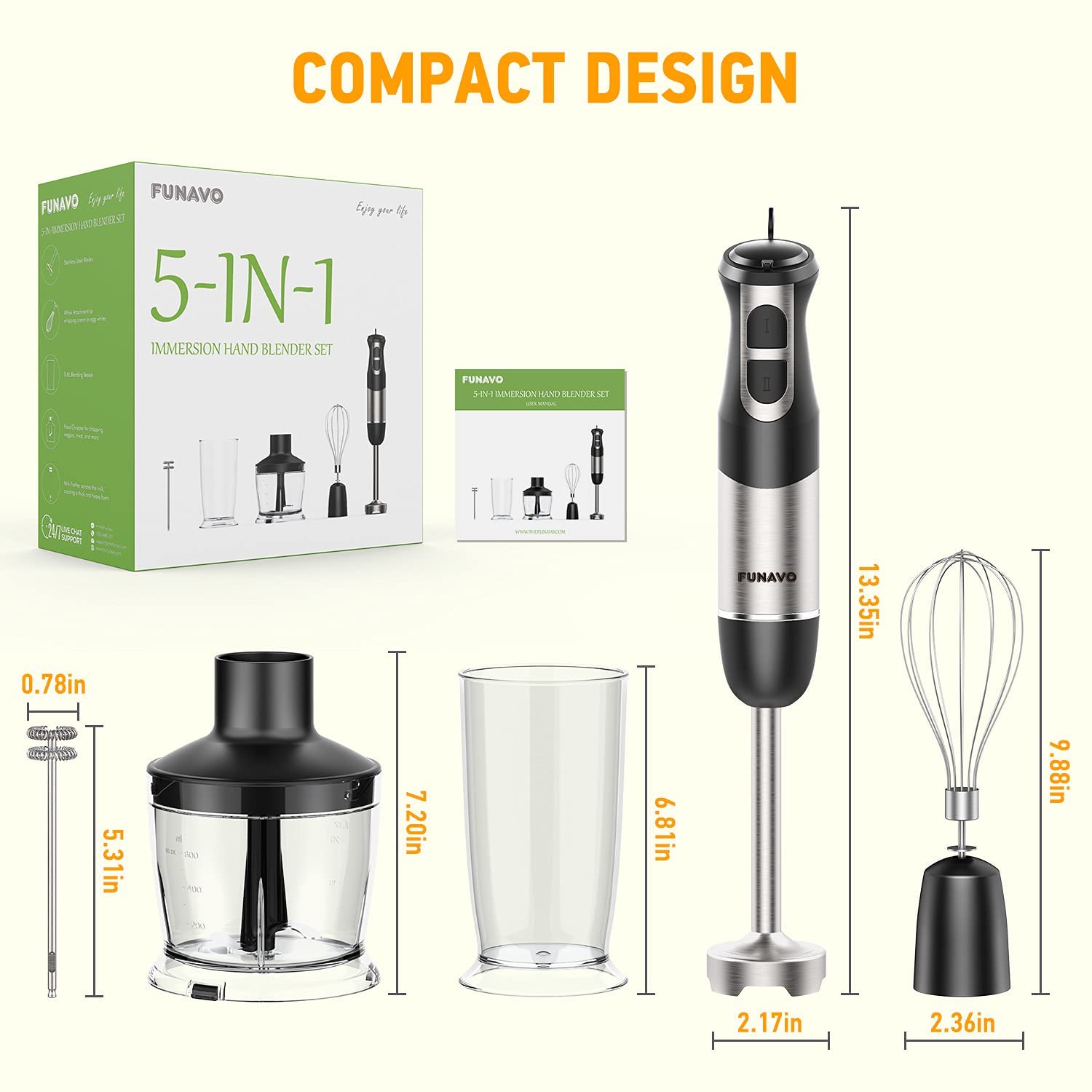 Dropship FUNAVO Immersion Hand Blender, 5-in-1 Multi-Function 12 Speed 800W  Stainless Steel Handheld Stick Blender With Turbo Mode, 600ml Beaker, 500ml  Chopping Bowl, Whisk, Frother Attachments, BPA-Free to Sell Online at a